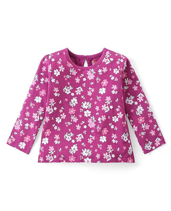 Babyhug Cotton Knit Full Sleeves Top With Floral Print - Dark Pink
