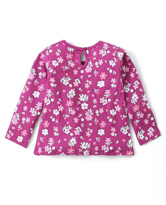 Babyhug Cotton Knit Full Sleeves Top With Floral Print - Dark Pink