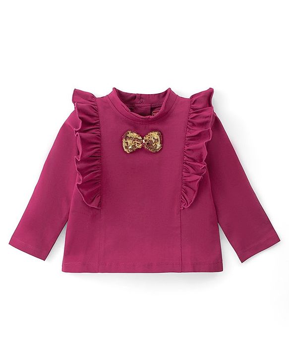 Babyhug Cotton Knit Full Sleeves  Top With Frill Detailing & Bow Applique  - Maroon