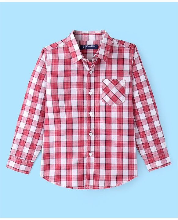 Pine Kids Cotton Woven Full Sleeves  Checked Shirt with T-Shirt-  Red & White