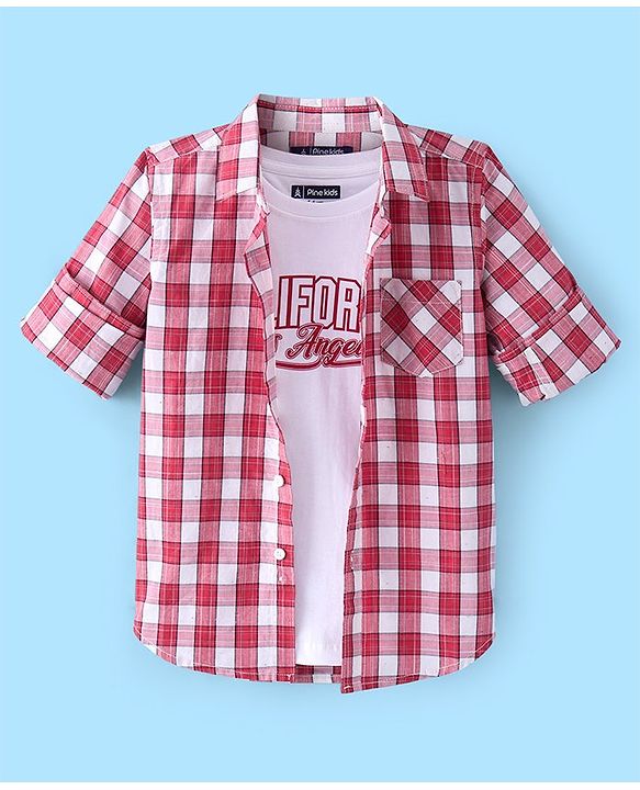 Pine Kids Cotton Woven Full Sleeves  Checked Shirt with T-Shirt-  Red & White