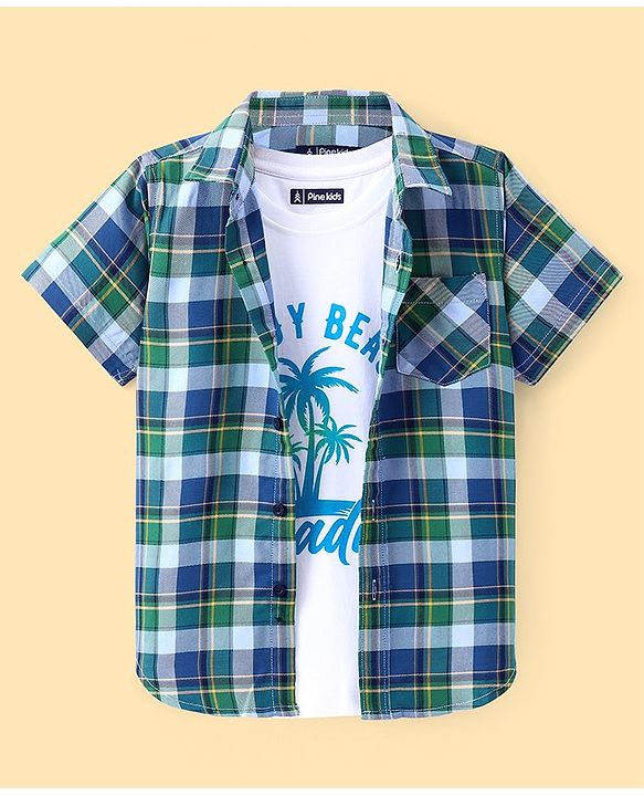 Pine Kids Cotton Woven Half  Sleeves Checks Shirt with Inner T-Shirt- Multicolour