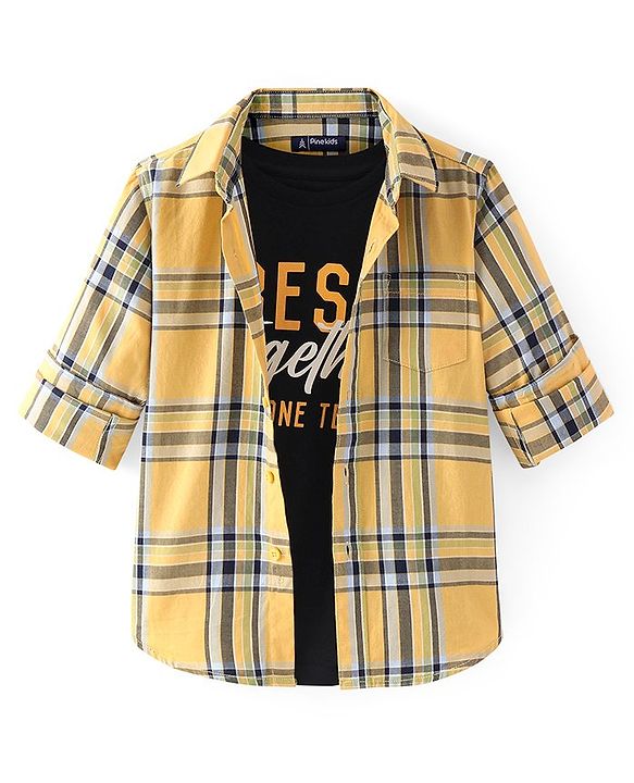 Pine Kids Cotton Woven Full Sleeves Check Shirt with Best Together Printed T-Shirt - Yellow & Black