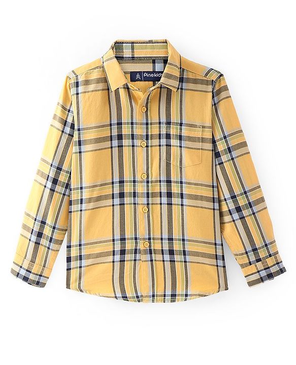 Pine Kids Cotton Woven Full Sleeves Check Shirt with Best Together Printed T-Shirt - Yellow & Black