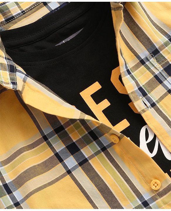 Pine Kids Cotton Woven Full Sleeves Check Shirt with Best Together Printed T-Shirt - Yellow & Black
