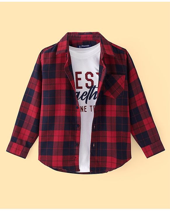 Pine Kids  Cotton Woven Full Sleeves Checks Shirt with Best Together Printed  T- Shirt -Red & White