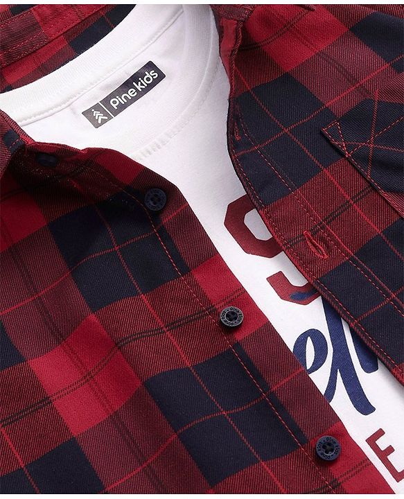 Pine Kids  Cotton Woven Full Sleeves Checks Shirt with Best Together Printed  T- Shirt -Red & White