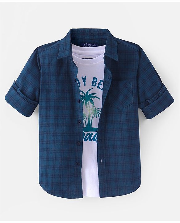 Pine Kids Cotton Woven Full Sleeves  Checked Shirt with T-Shirt-  Peacock Green