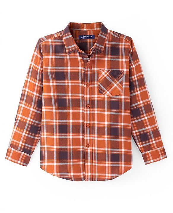 Pine Kids Cotton Woven Full Sleeves  Checked Shirt with T-Shirt- Orange