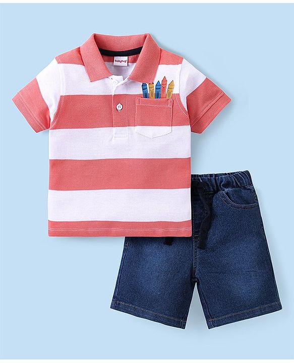 Babyhug Cotton Lycra Knit Half Sleeves Striped T-Shirt & Shorts Set with Crayon Print - Coral & Blue