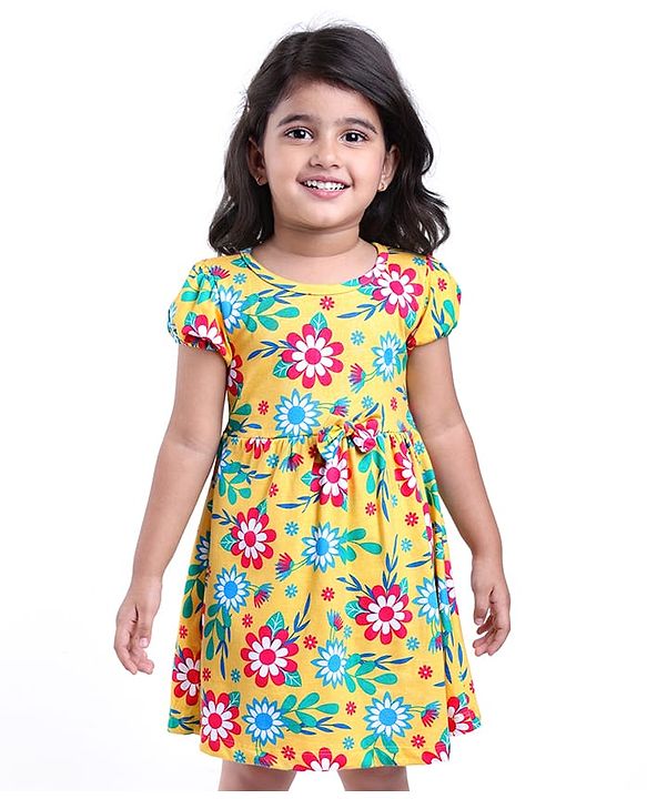 Babyhug Single Jersey Knit Half Sleeves Frock with Bloomer & Bow Applique Floral Print - Yellow