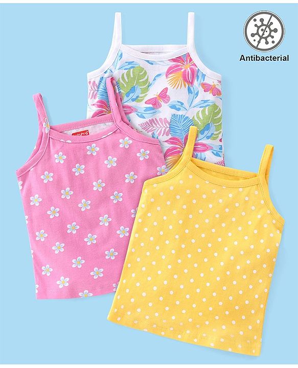 Babyhug 100% Cotton Knit Singlet Sleeves Antibacterial Slips with Floral & Polka Dots Print Pack of 3 - Pink Yellow & White
