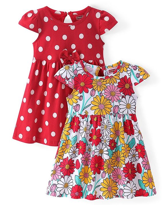 Babyhug Single Jersey Knit Cap Sleeves Frocks with Polka Dots & Floral Print & Bow Applique Pack of 2 - Multicolour