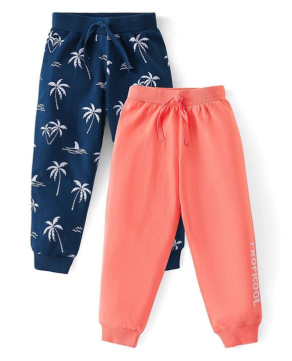 Babyhug Cotton Full Length Lounge and Track Pant With Beach Theme & Text Print Pack of 2 - Navy Blue & Peach