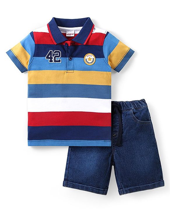 Babyhug Single Jersey Knit Half Sleeves Striped Polo T-Shirt & Denim Shorts Set - Multicolor
