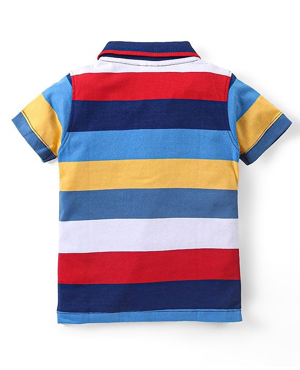 Babyhug Single Jersey Knit Half Sleeves Striped Polo T-Shirt & Denim Shorts Set - Multicolor