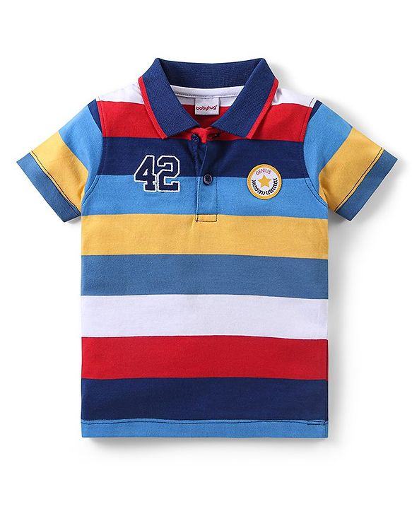 Babyhug Single Jersey Knit Half Sleeves Striped Polo T-Shirt & Denim Shorts Set - Multicolor