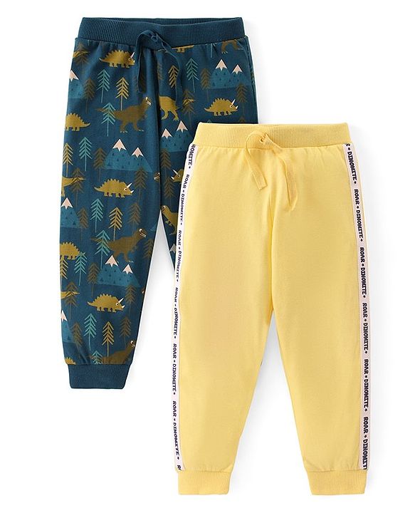 Babyhug Cotton Knit Full Length Lounge Pant Dino Print Pack of 2 - Multicolour