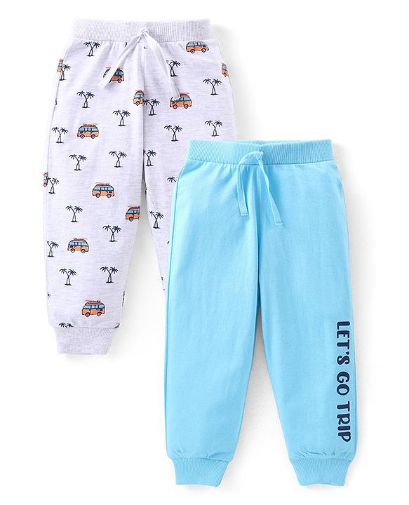 Babyhug Cotton Knit Full Length Lounge Pants with Vehicle Print Pack of 2 - Grey & Blue