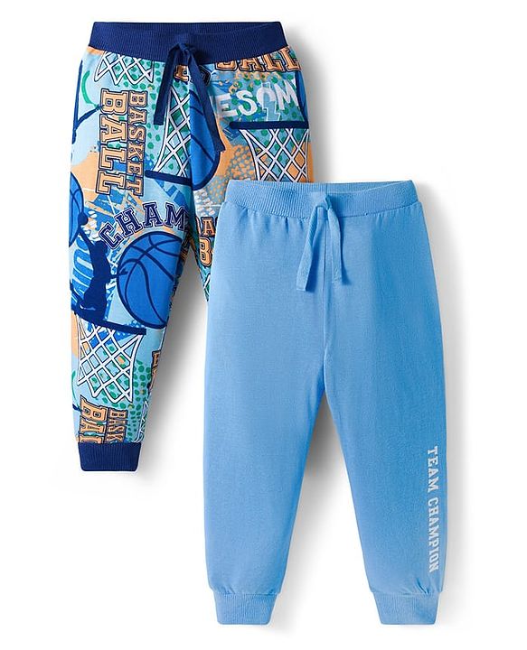 Babyhug Cotton Knit Full Length Lounge Pants Basketball Theme Print Pack of 2 - Blue