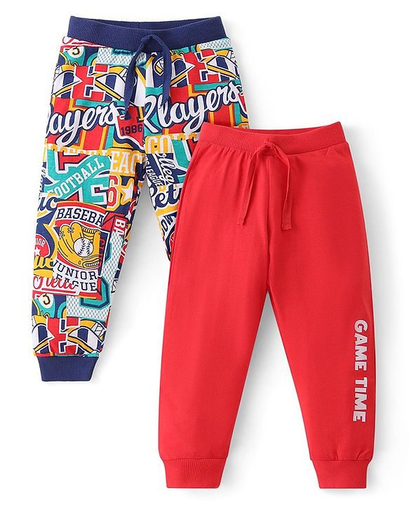 Babyhug Cotton Knit Full Length Lounge Pants With Varsity Print Pack Of 2 - Multicolor