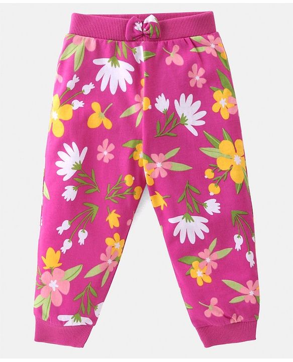 Babyhug Cotton Knit Full Length Lounge Pants with Polka Dot & Floral Print Pack of 2 - Yellow & Pink