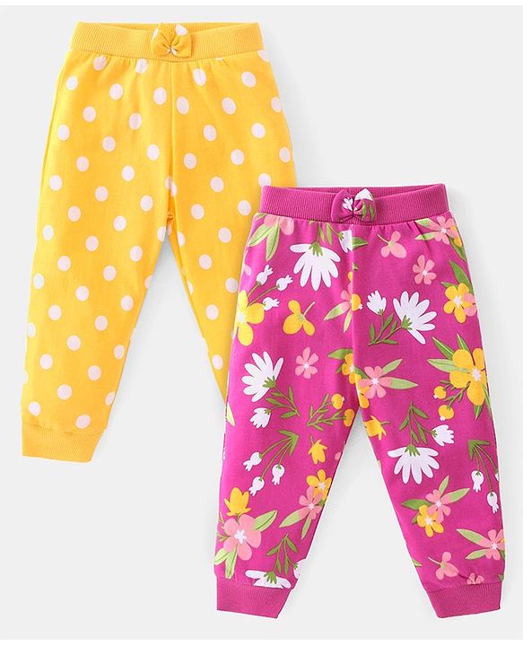Babyhug Cotton Knit Full Length Lounge Pants with Polka Dot & Floral Print Pack of 2 - Yellow & Pink