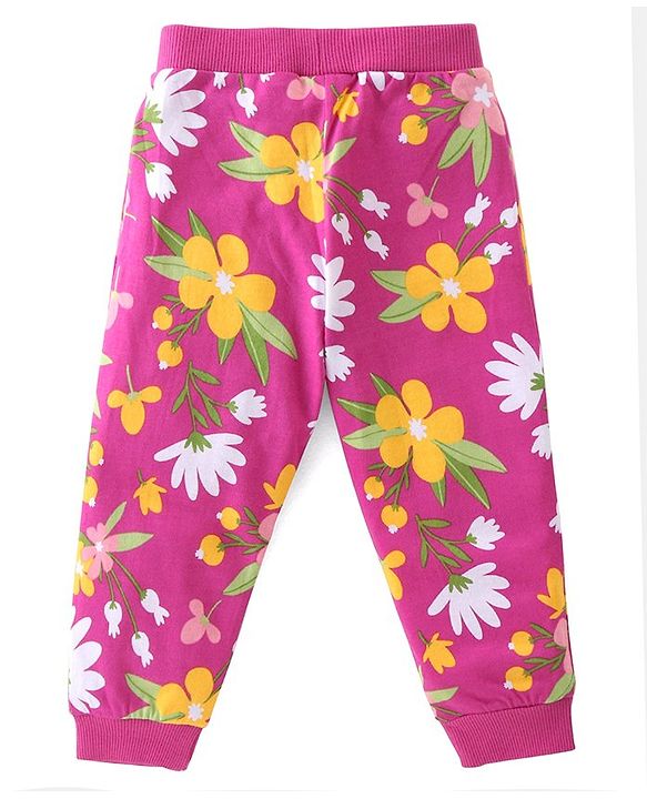 Babyhug Cotton Knit Full Length Lounge Pants with Polka Dot & Floral Print Pack of 2 - Yellow & Pink