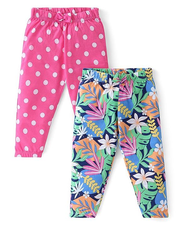 Babyhug Cotton Knit Full Length Lounge Pant with Floral & Polka Dot Print Pack of 2 - Multicolour