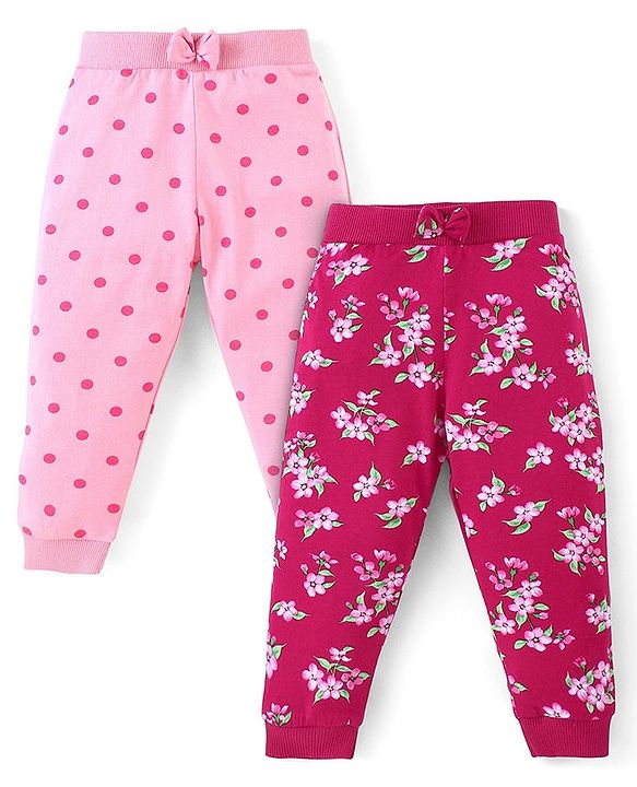 Babyhug Cotton Knit Full Length Lounge Pants With Floral & Polka Dots Print Pack Of 2 - Pink & Maroon