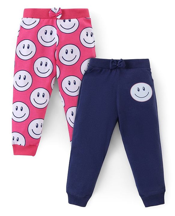 Babyhug Cotton Knit Full Length Lounge Pant with Smiley Print Pack of 2- Pink & Navy