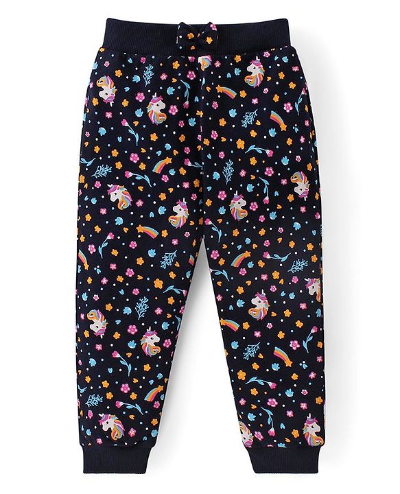 Babyhug Cotton Knit Lounge Pants Unicorn & Floral Print with Bow Applique  Pack of 2 - Multicolour