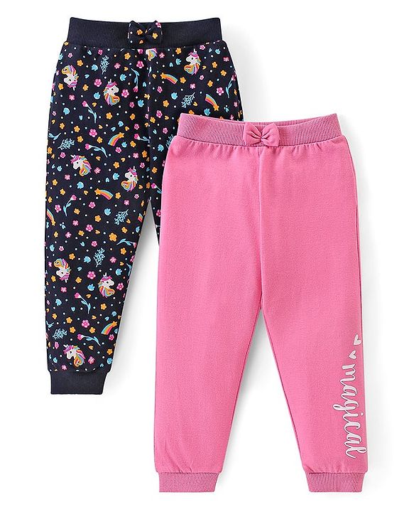 Babyhug Cotton Knit Lounge Pants Unicorn & Floral Print with Bow Applique  Pack of 2 - Multicolour