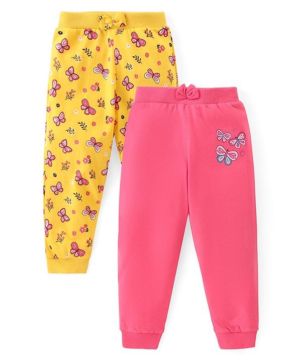 Babyhug Cotton Knit Full Length Lounge Pants  with Butterfly Print Pack of 2 - Multicolour