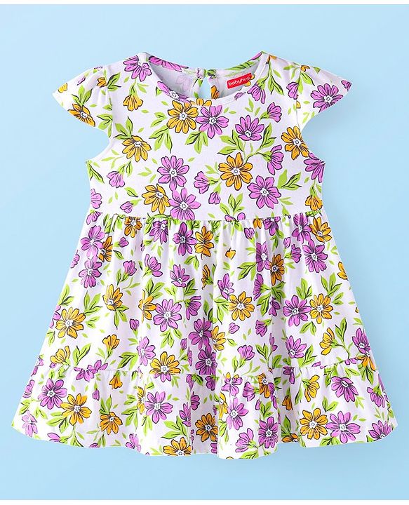Babyhug Single Jersey Kit Cap Sleeves Frock With Floral Print - White