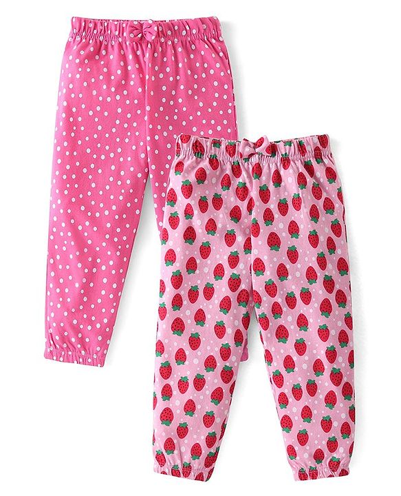 Babyhug Cotton Knit Full Length Lounge Pants Polka Dots & Strawberry Print Pack of 2 - Multicolour