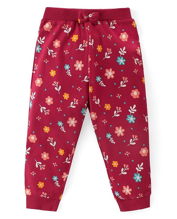 Babyhug Cotton Knit Full Length  Lounge Pants Polka Dots & Floral Printed with Bow Applique Pack of 2 - Multicolour