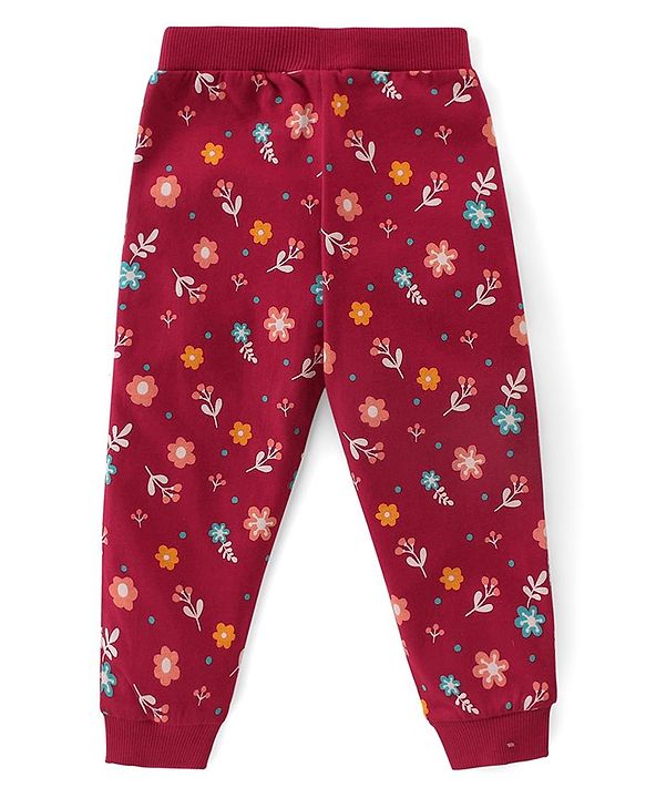Babyhug Cotton Knit Full Length  Lounge Pants Polka Dots & Floral Printed with Bow Applique Pack of 2 - Multicolour