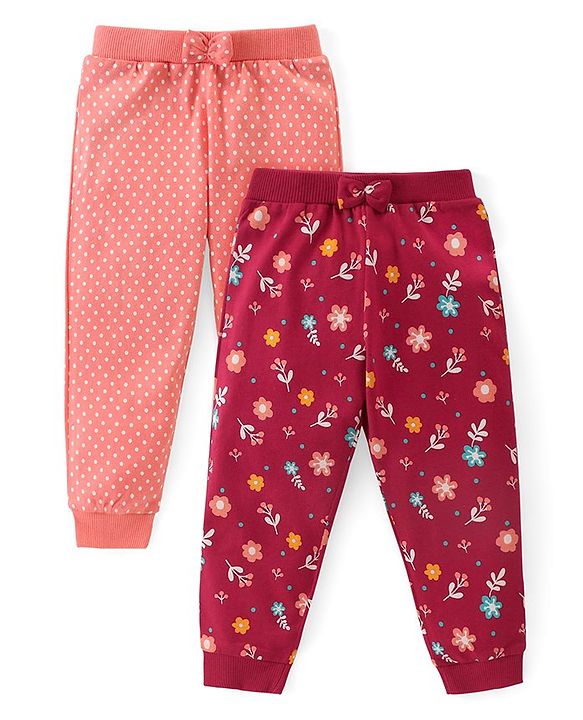 Babyhug Cotton Knit Full Length  Lounge Pants Polka Dots & Floral Printed with Bow Applique Pack of 2 - Multicolour
