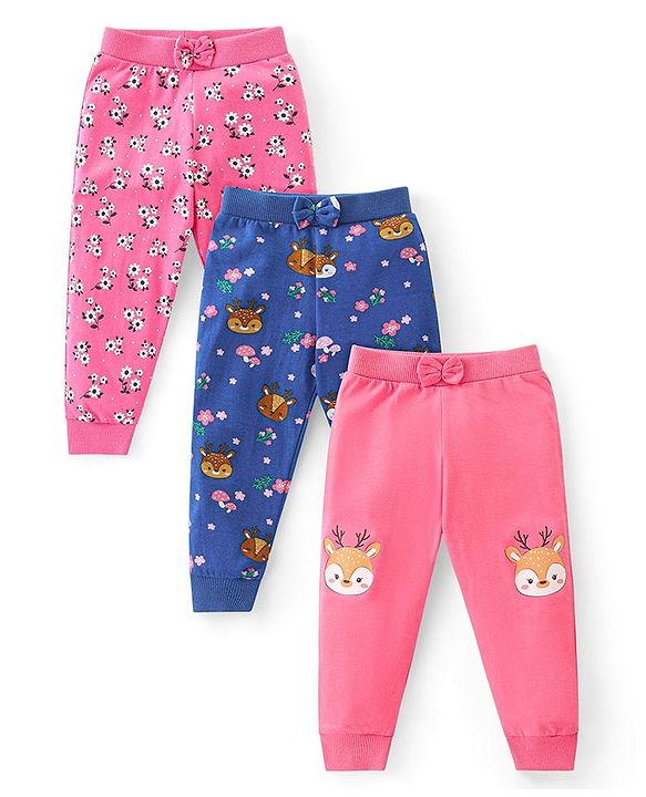 Babyhug Cotton Knit Full Length Lounge Pants Floral & Deer Print with Bow Detailing Pack of 3 - Multicolour