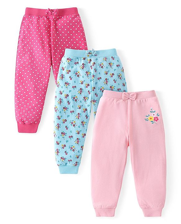 Babyhug Cotton Knit Full Length Lounge Pants Polka Dots & Floral Print with Bow Detailing Pack of 3 - Pink & Blue