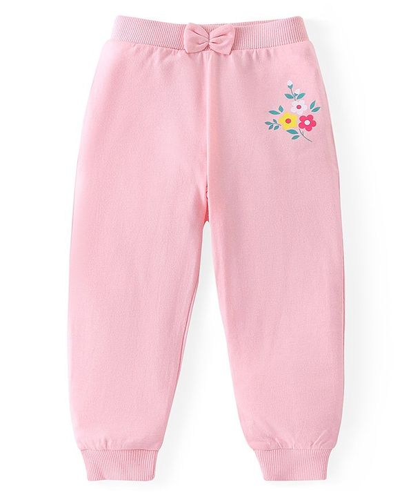 Babyhug Cotton Knit Full Length Lounge Pants Polka Dots & Floral Print with Bow Detailing Pack of 3 - Pink & Blue