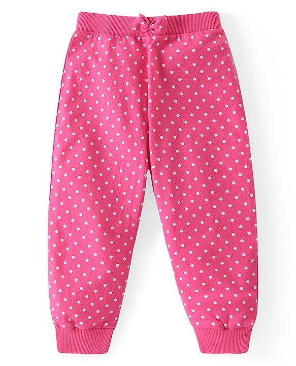 Babyhug Cotton Knit Full Length Lounge Pants Polka Dots & Floral Print with Bow Detailing Pack of 3 - Pink & Blue