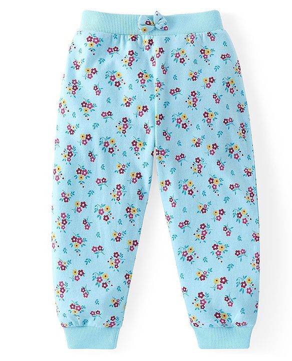 Babyhug Cotton Knit Full Length Lounge Pants Polka Dots & Floral Print with Bow Detailing Pack of 3 - Pink & Blue