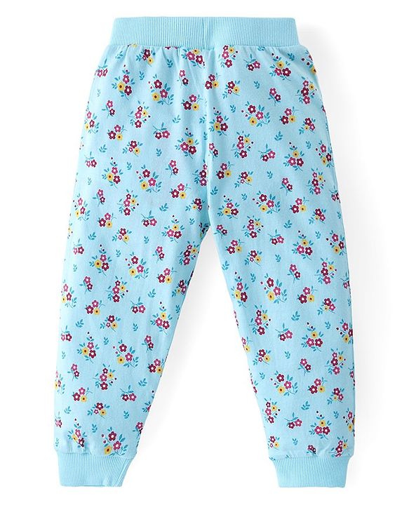 Babyhug Cotton Knit Full Length Lounge Pants Polka Dots & Floral Print with Bow Detailing Pack of 3 - Pink & Blue