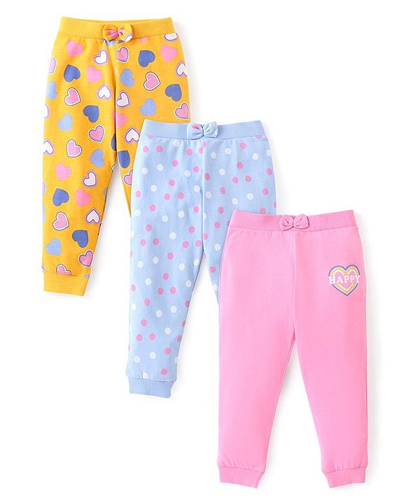 Babyhug Cotton Knit Full Length Lounge Pants Polka Dots & Hearts Printed with Bow Applique Pack of 3 - Multicolour