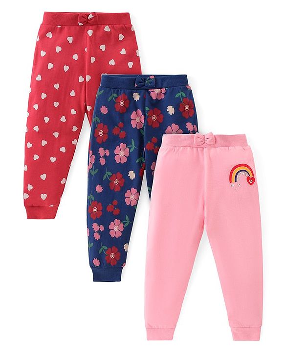 Babyhug Cotton Knit Full Length Lounge  Pants Hearts & Floral Print with Bow Applique Pack of 3 - Multicolour