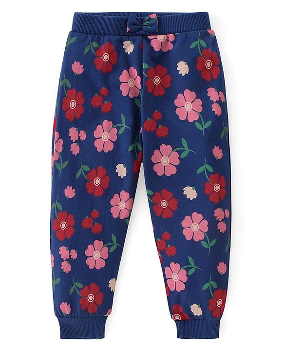 Babyhug Cotton Knit Full Length Lounge  Pants Hearts & Floral Print with Bow Applique Pack of 3 - Multicolour