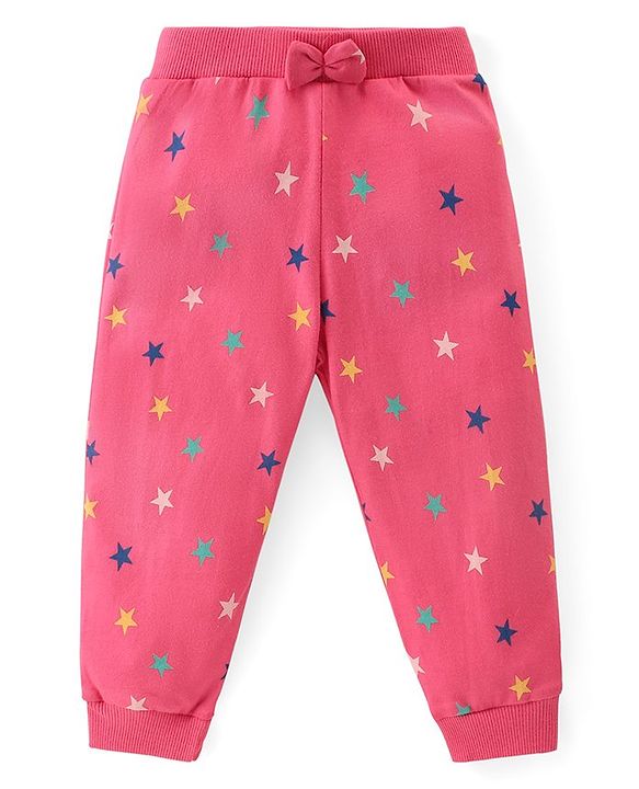 Babyhug Cotton Knit Full  Length Lounge Pants Star Print with Bow Applique Pack of 3 - Multicolour