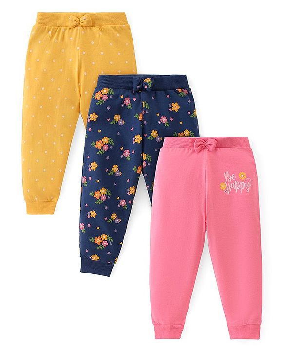 Babyhug Cotton Knit Full Length Lounge Pants Floral & Polka Dots Print with Bow Applique Pack of 3 - Multicolour